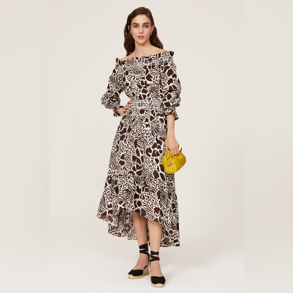 Adam Lippes x RTR Smocked Off‎ the Shoulder Dress Animal Print Brown size 4